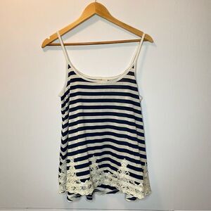 Rewind Striped Lace Detail Hem Sleeveless Tank Top Blue White Casual Everyday L